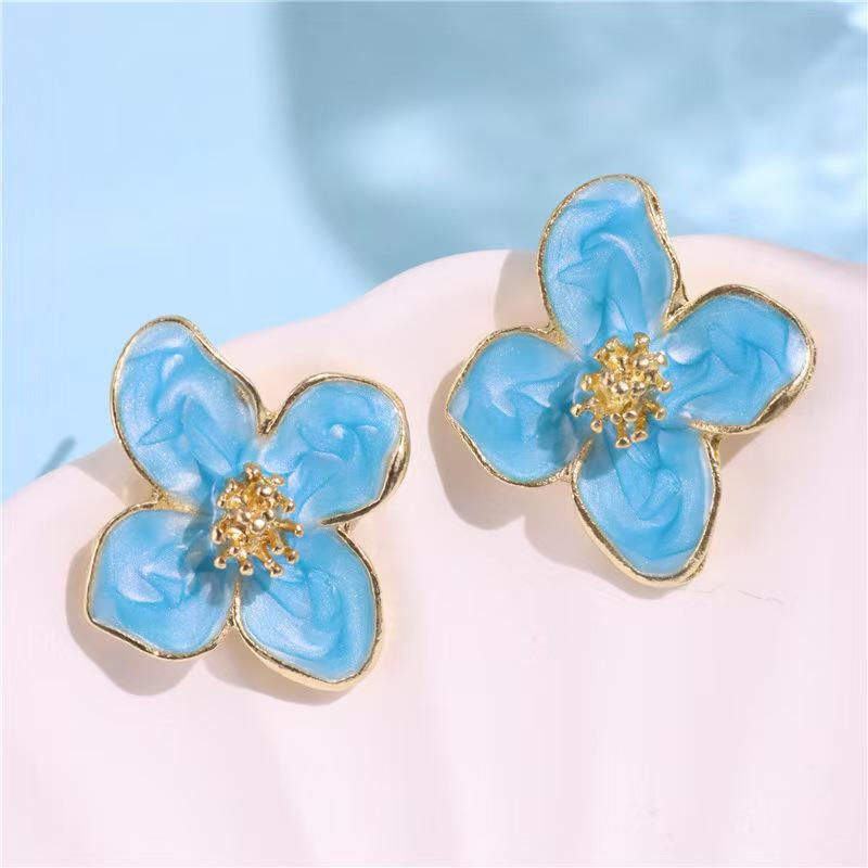 French Retro Red Roselle Drip Glaze Flower Earrings