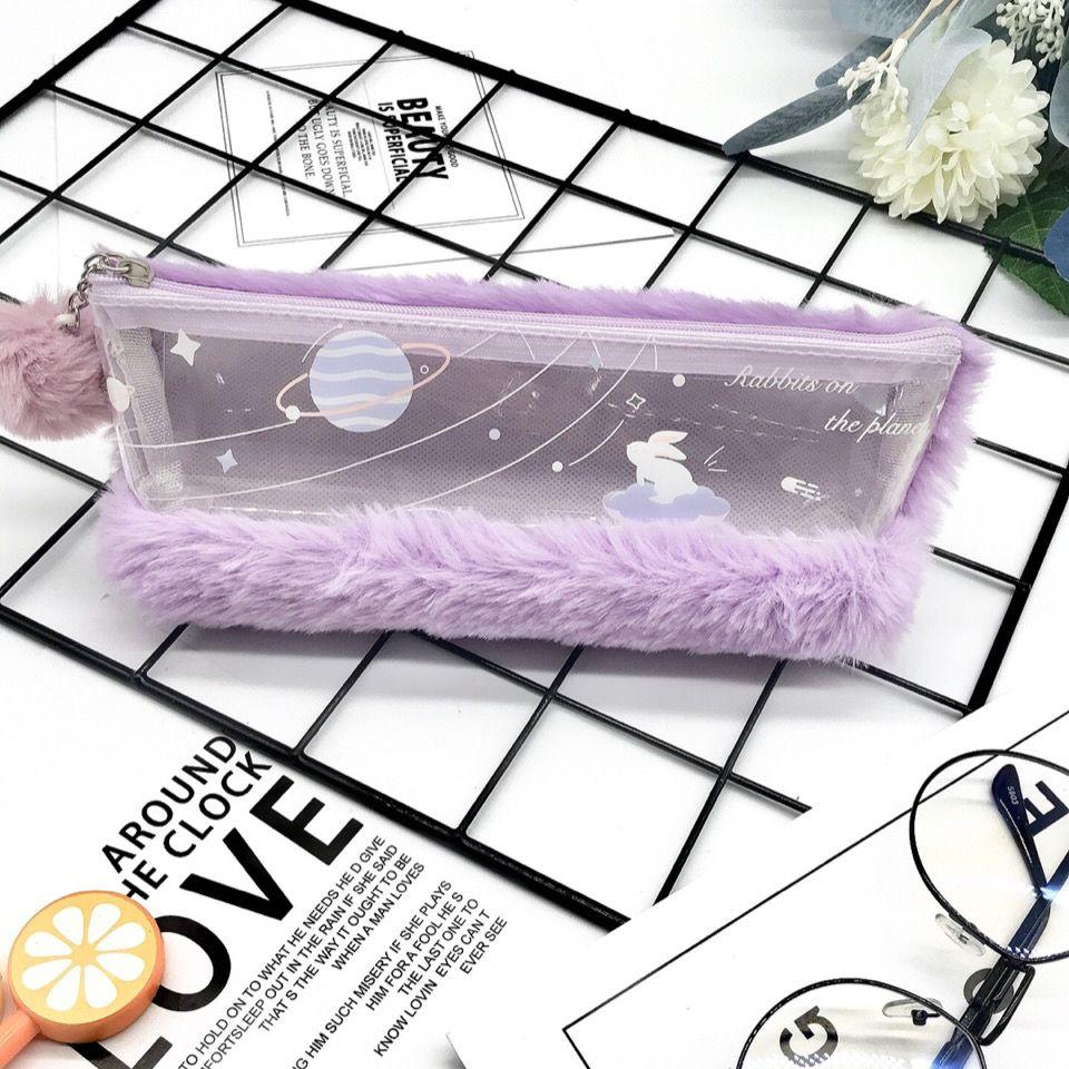 Minimalist Spliced Semi-transparent Pencil Case for Girls Rabbit Japanese-style Cute and Fashionable First-grade Fluffy Portable Stationery Storage
