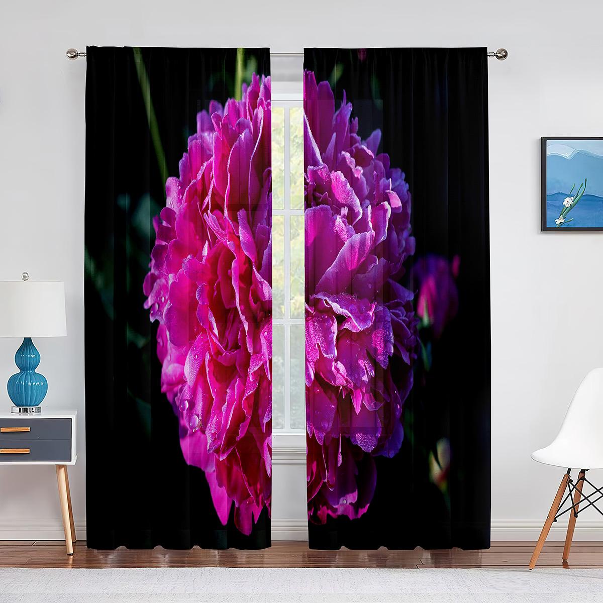 Тюлевые шторы с розовым пионом и зелеными листьями для гостиной — фото 10