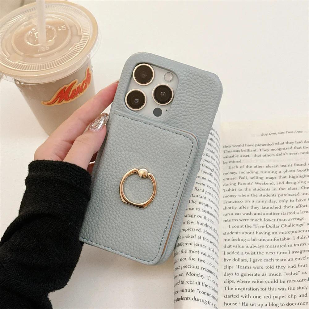 Ring with Card Holder Phone Case for IPhone 15 14 11 Pro Max 13 12 Mini XR XS X Max 8 7 Plus PU Leather Shockproof Shell Cover