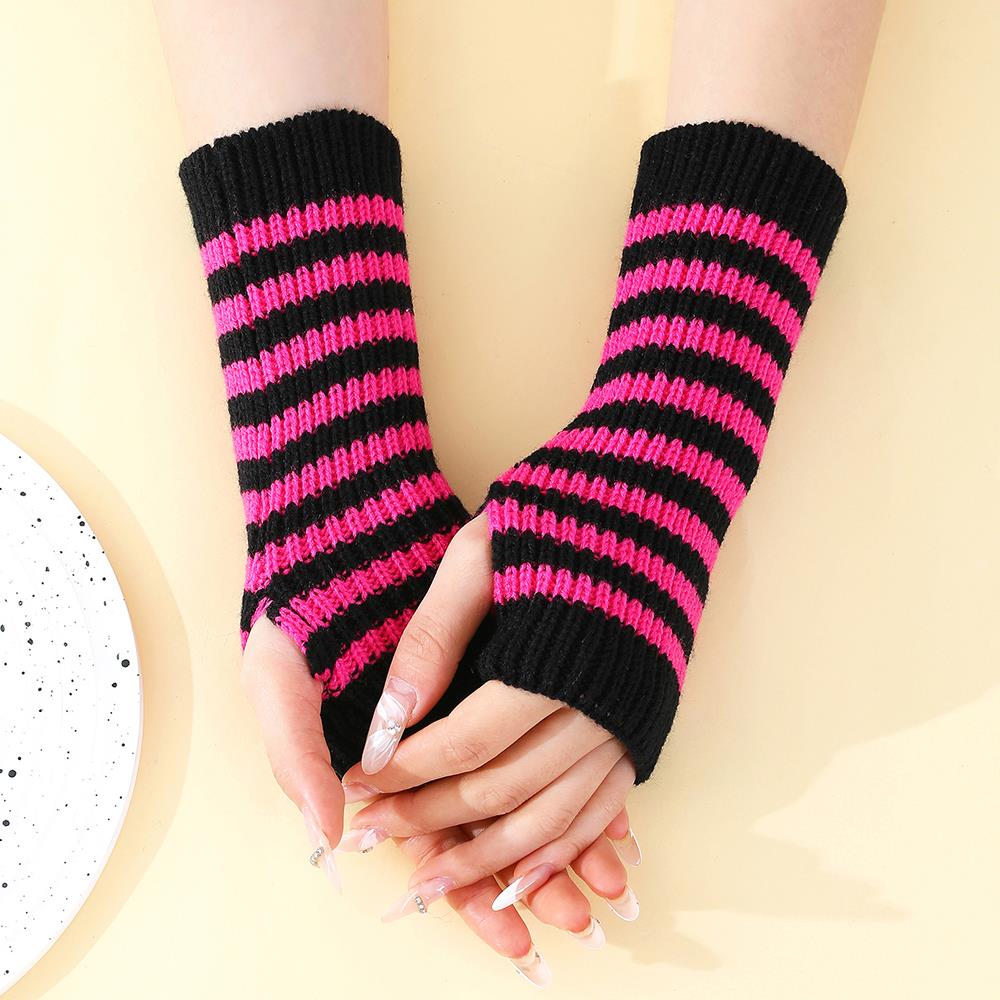 HOT Winter Half Finger Gloves Striped Fingerless Gloves Knitted Long Fingerless Gloves Arm Cover Elbow Mittens Winter Arm Warmer