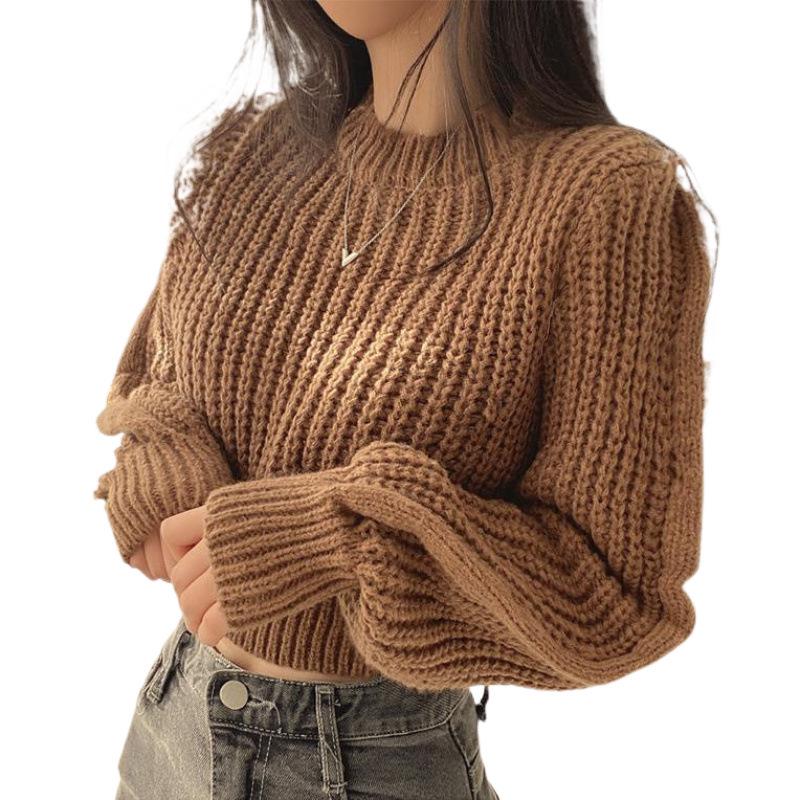 Korean Style Round Neck Petite Knit Sweater for Women - Waist-Cinching, Versatile Pullover