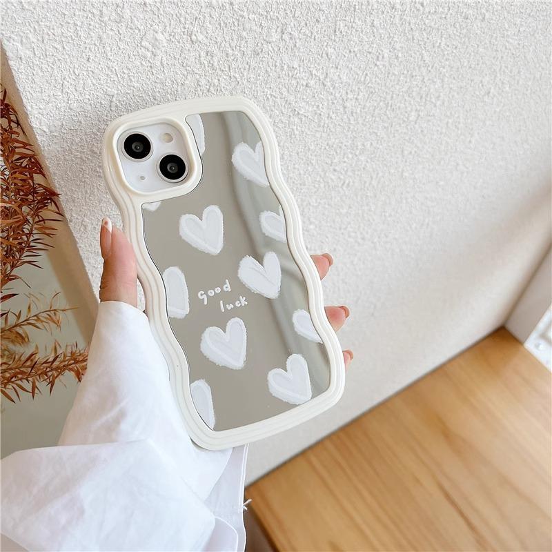 Wavy Frame Heart-Shaped Mirror Phone Case For iPhone 16 15 14 13 12 11 Plus Pro Max X XR Girls Fashion Phone Case With Bracelet