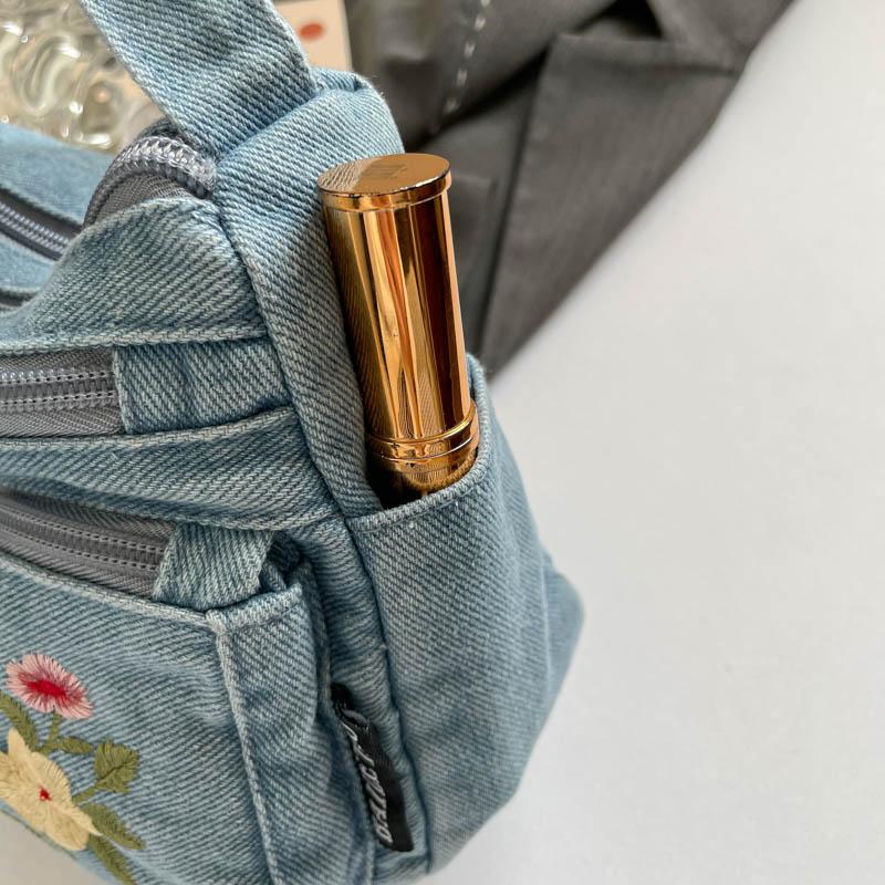 Borsa a Tracolla in Denim da Donna con Ricamo di Gattino Cartone Animato e Multi-scomparti