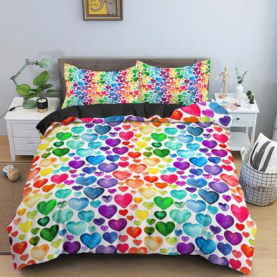 Geometriskt Tryckt Påslakanset Färgstarkt Randigt Hjärtformat Täcke för Barn Barn Polyester Quiltöverdrag King Queen