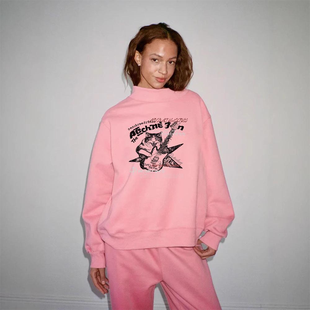 Women's Autumn Mid-High Neck Loose Sweatshirt - Trendy, Casual, Long Sleeve, Hoodless Fashion.
