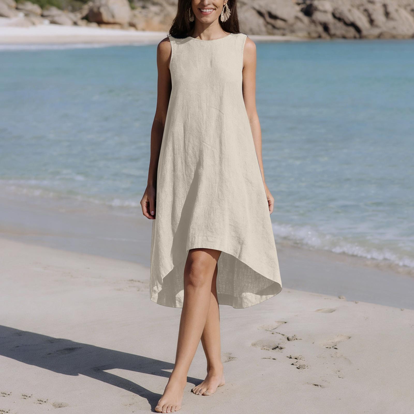 

Women s Fashionable Summer Color Round Neck Sleeveless Beach Vacation Loose Dress M