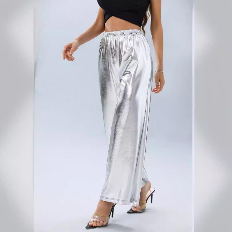 Women High Waist Loose Silver Hot Stamping Wide Leg Casual Long Pants