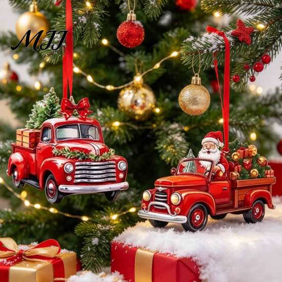 Santa Claus Decor 12/24/36Pcs Christmas Wooden Ornaments, Red Truck Hanging Decorations with Rope, Xmas Window Tree Pendant, Holiday for Home