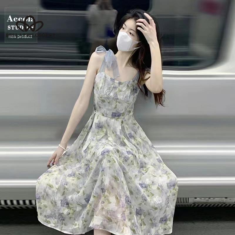 Halter Dress French Niche Oil Painting Style Fairy Super Fairy Mori Tea Break Waisted Skirt Floral Long Dress