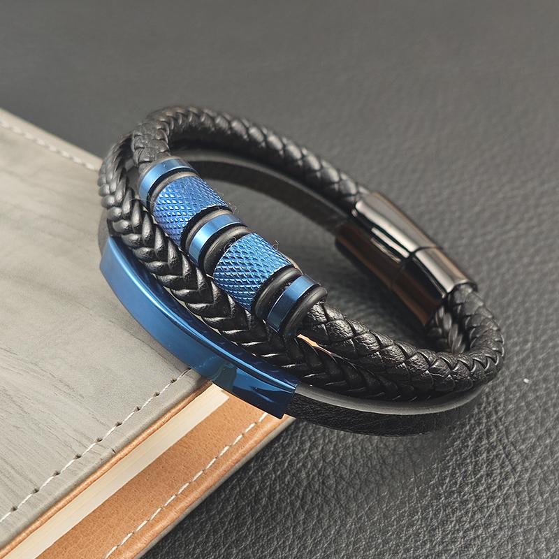 Charm New Blue Men's Leather Bracelets Stainless Steel Magnet Clasp Charms Fashion Punk Bangle Homme Jewelry Gifts