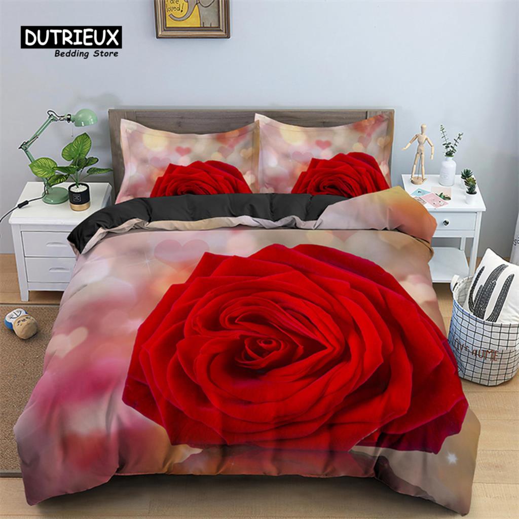 

Цветочный пододеяльник, комплект постельного белья, полноразмерный комплект постельного белья с 3D-изображением красной розы, микрофибра, романтические цветы, пододеяльник, украшение на свадьбу ко Дню святого Валентина EU single(135x200cm)