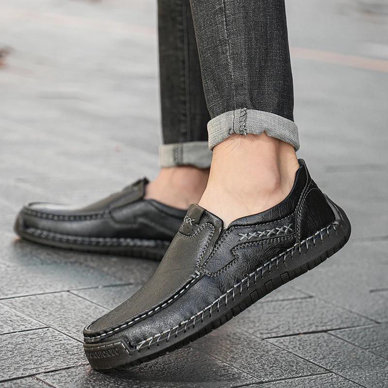 Fashion Brand Casual Business Leather Shoes Men's Handmade Platform Loafers Outdoor Anti Slip Comfortable Luxury Lazy Shoes Large Size