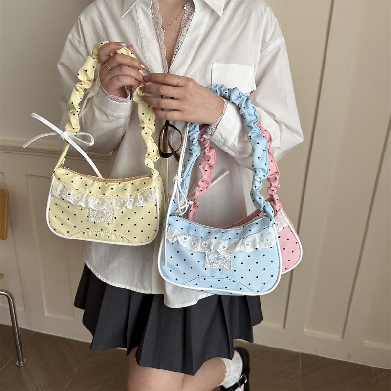 Lace Polka Dot Shoulder Bag Stretchable Strap Large Capacity Pleated Underarm Bag Multi-Color French Stick Handbag Purse