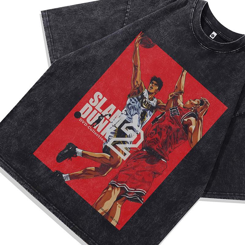 Gewaschenes Retro-Kurzarm-T-Shirt Amerikanischer Street-Trend Marke Animation Direktdruck Lockerer Unterzieher Herren