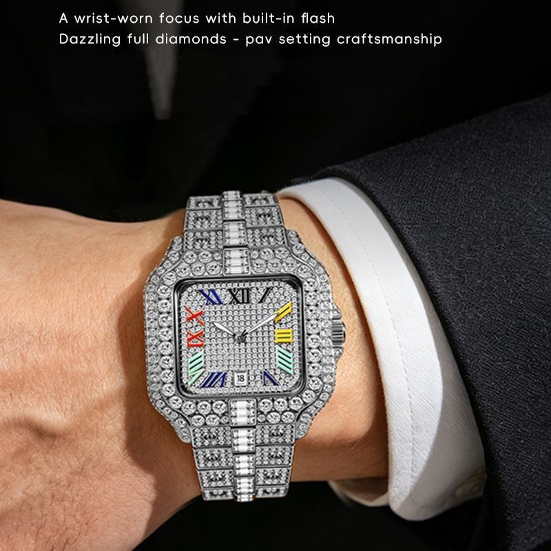 Mens Iced Out Watch Square Full Diamond Quartz Wrist Watch with Luminous Hands Date Waterproof Hip Hop Style