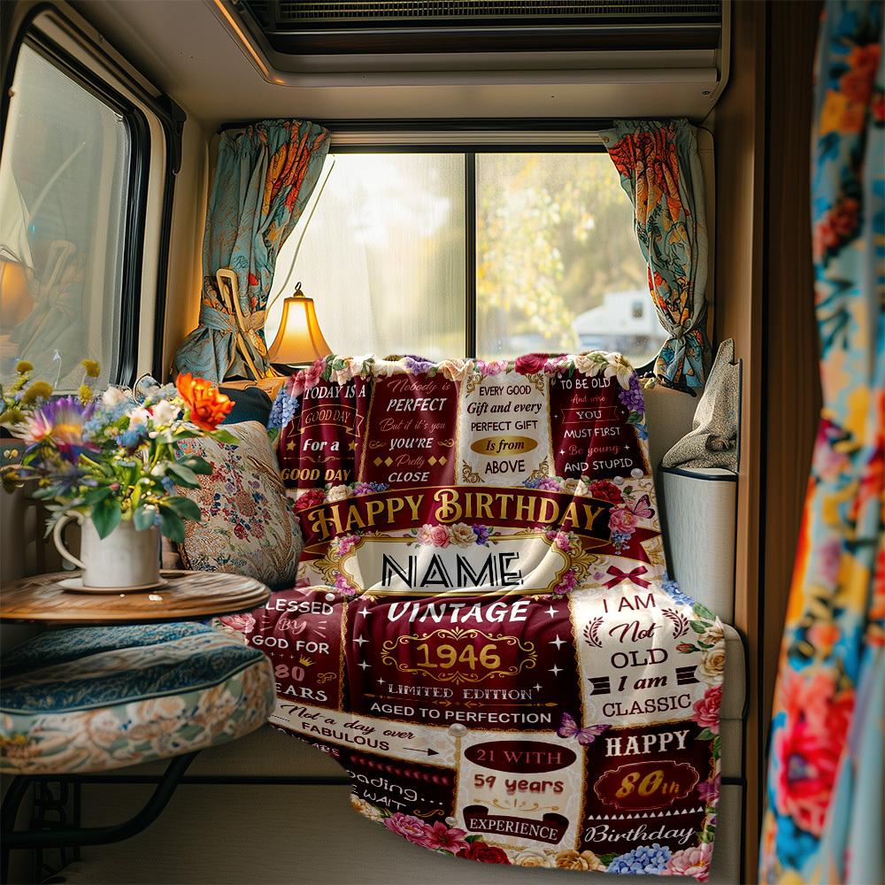 Vintage 80Th Birthday Celebration Blanket Personalized Name Soft Comfortable Stylish Blanket Car Blanket Perfect For Travel Camping Outdoor Home