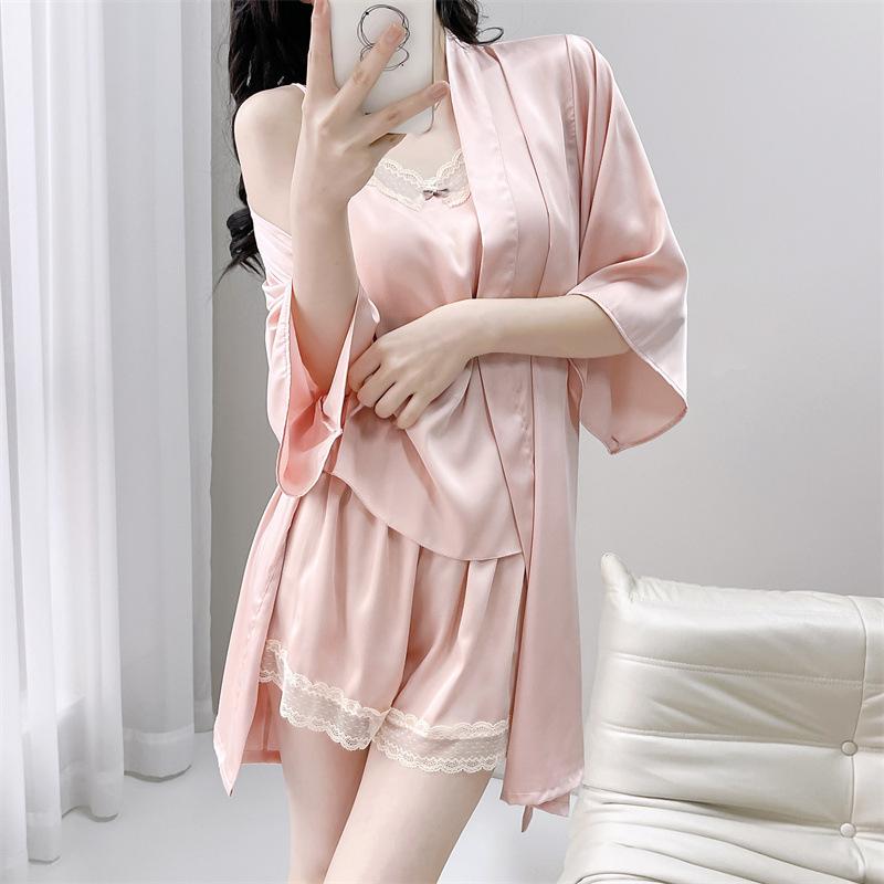 New Sexy Pajamas Women's Ice Ribbon Chest Pad Sling Three-piece Set of Pure Desire Silk Loungewear Can Be Worn Outside