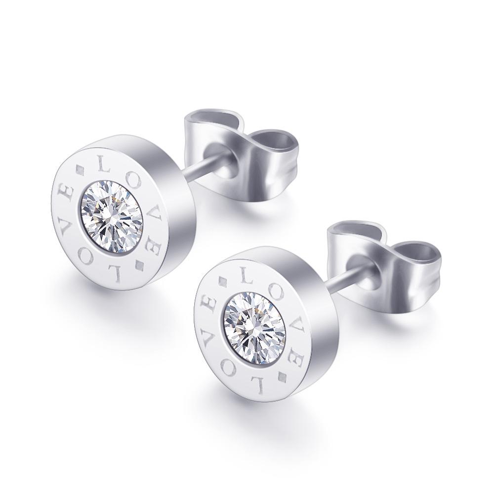 8MM Engraved Love Tri-color Stainless Steel Round Stud Earrings