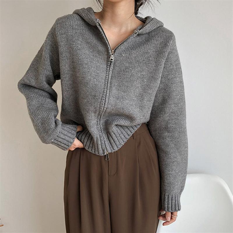 

Женская осенняя куртка-свитер с капюшоном на двойной молнии, новая, нежная, ветрозащитная, облегающая, с эффектом омоложения, с темпераментом, короткий вязаный кардиган average size серый
