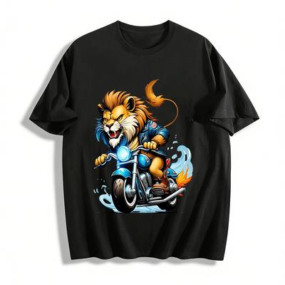 Cool Lion Riding Motorcycle Graphic Trendy Casual Men's T-Shirt Pure Cotton T-shirt