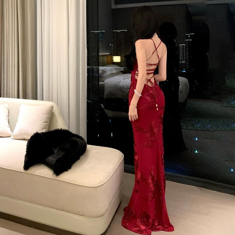 Sexy Backless Lace Embroidery Slim-fit Hip-wrapped Long Dress Temperament Fishtail Suspender Dress Birthday Party Dress Dress Dress