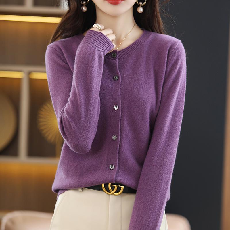 Women's Korean Style Cashmere Cardigan - Round Neck, Long Sleeve, Loose Fit, 100% Wool Knit Top for Spring/Autumn