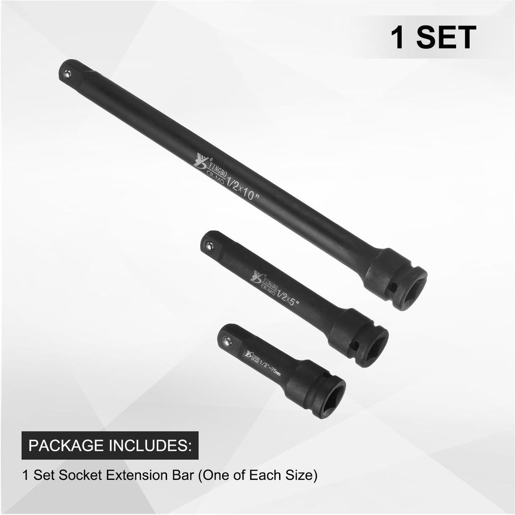 uxcell Drive Impact Extension Chrome Vanadium Extra Long Socket Wrench Square Drive Socket Driver Handle for Tightening and Set 1/2" Bar, 3", 5", 10",