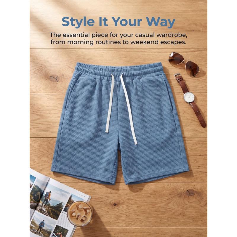 Mens Solid Color Waffle Drawstring Pockets Casual Straight Summer Shorts