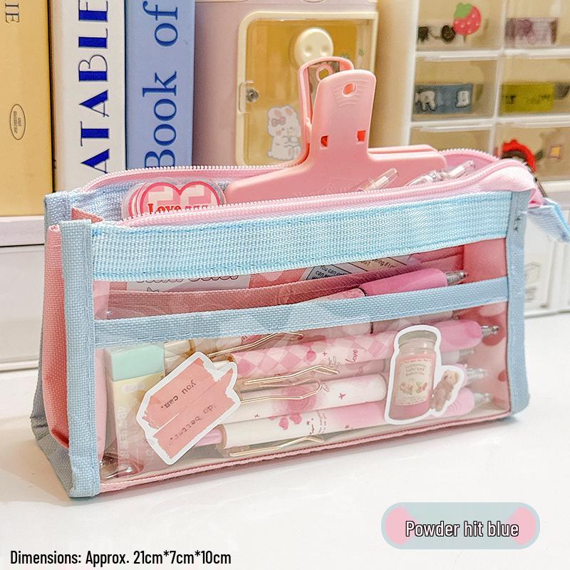Dopamine Color Block Transparent Pencil Case: Multi-Layer Patchwork Design for Students