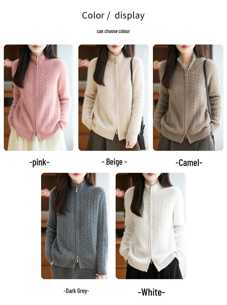 Retro Double Zipper Cable Knit Cardigan – 100% Wool, Seven Gauge, Thickened for Autumn/Winter