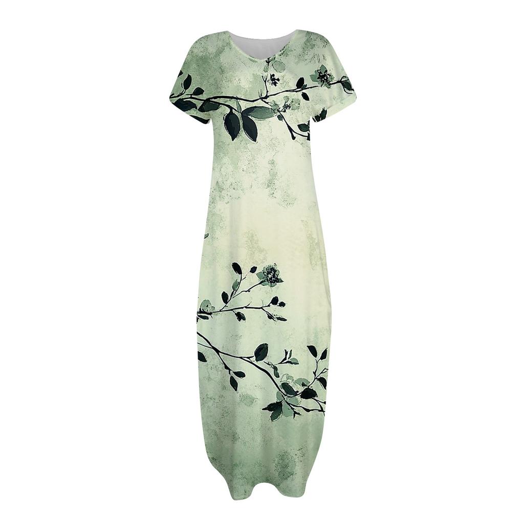 Damen Sommerkleid mit Blumendruck, lässig, locker, kurzärmelig, Strand, Maxikleid mit Schlitz