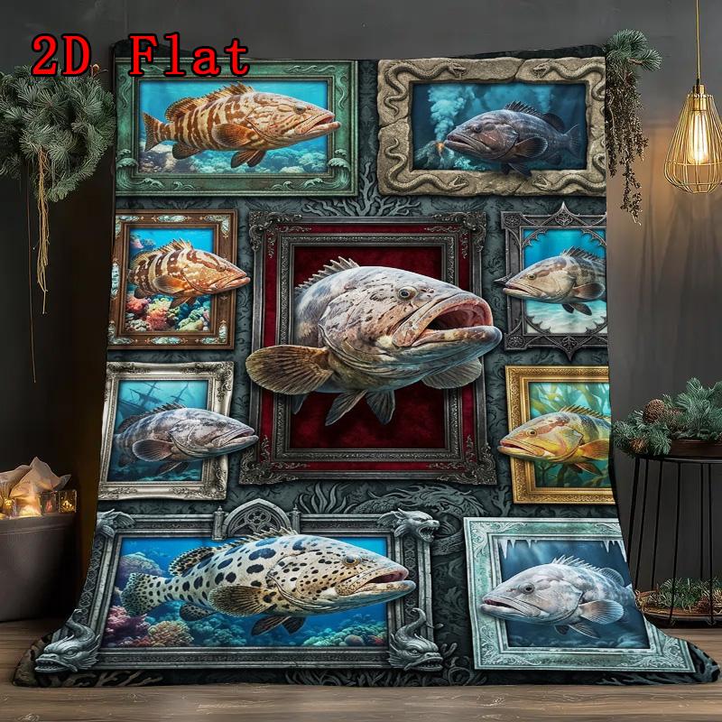 Ocean Fish Collage 2D Flat Pattern Flannel Blanket, High Quality All Seasons, Home Decor, Warmth and Comfort, Perfect for Christmas Gifts.