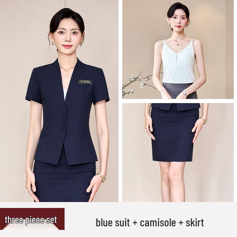 Women's Blue Short-Sleeve Professional Suit Set for Hotel Manager or Receptionist - Spring/Summer Formal Workwear