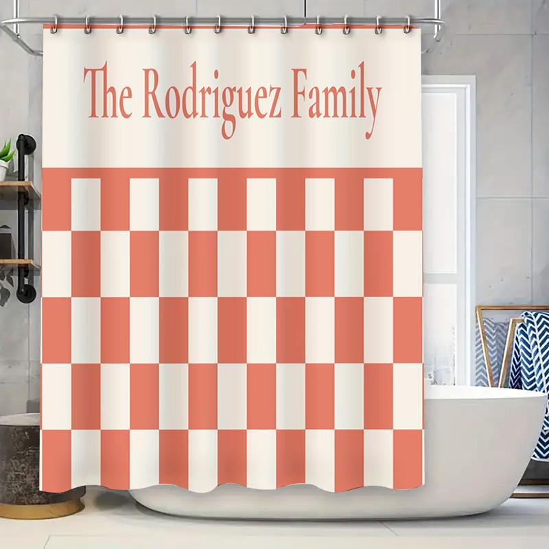

Shower Curtain With Family Name, Checkerboard Pattern In Coral Pink And White Made For Bathroom Decor Ac W60H190(CM)-1 Pcs