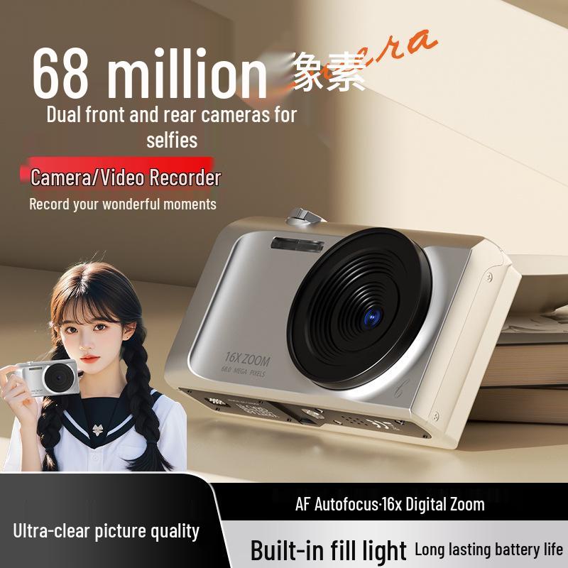 

68MP Dual CCD Camera for Students with HD Mobile Transfer & Retro Design Silver Without Card