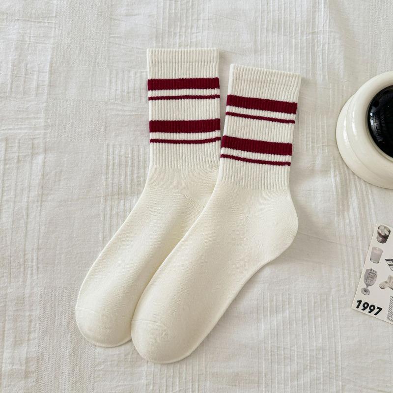 Women's Ankela Red Striped Mid-calf Socks Trendy Combed Cotton Long Calf Socks