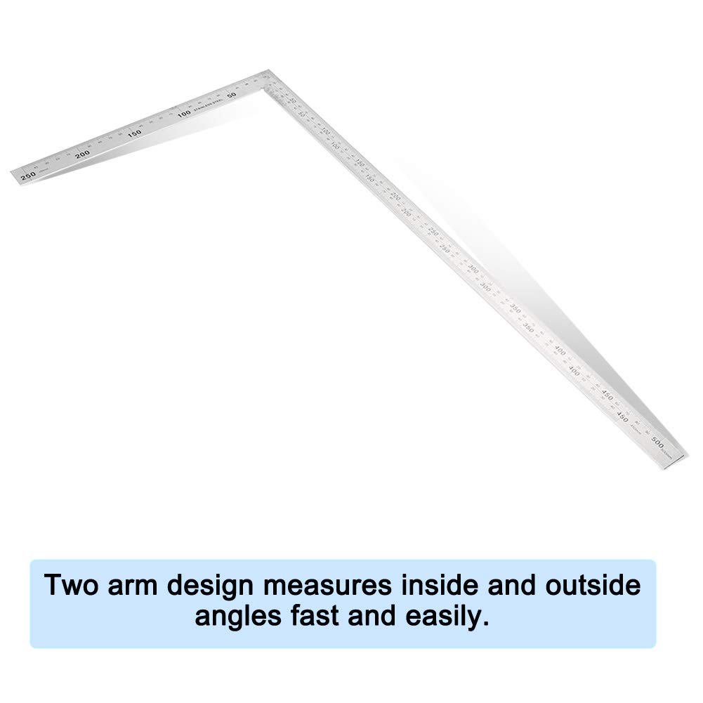 Walfront 90 Degree Right Angle Finder Ruler, Stainless Steel, Easy-to-Read Measuring Square Layout Template Tool (500mm x 250mm)
