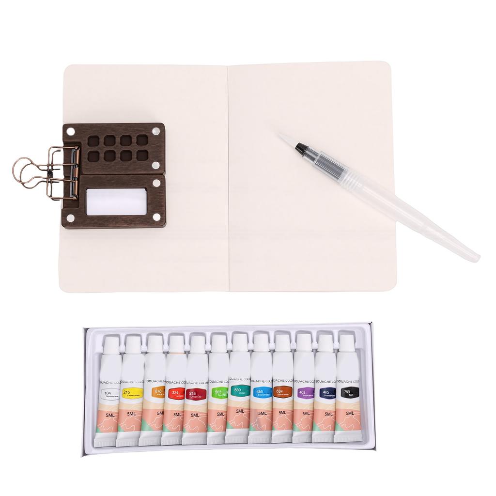 Mini Watercolor Paint Set 8 Grid Wood Palette 12 Colors Portable Watercolor Travel Set for Outdoor Painting Art