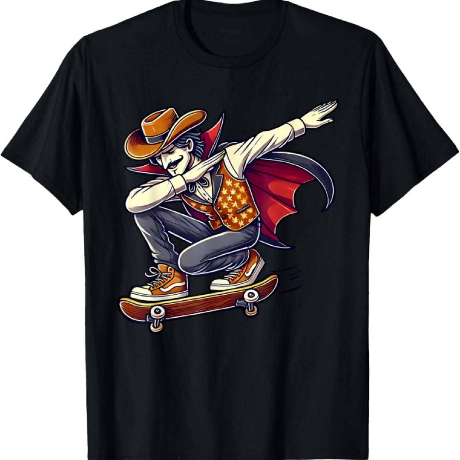 Fun Dabbing Dracula Vampire Cowboy Riding Sketbord Halloween T-Shirt S