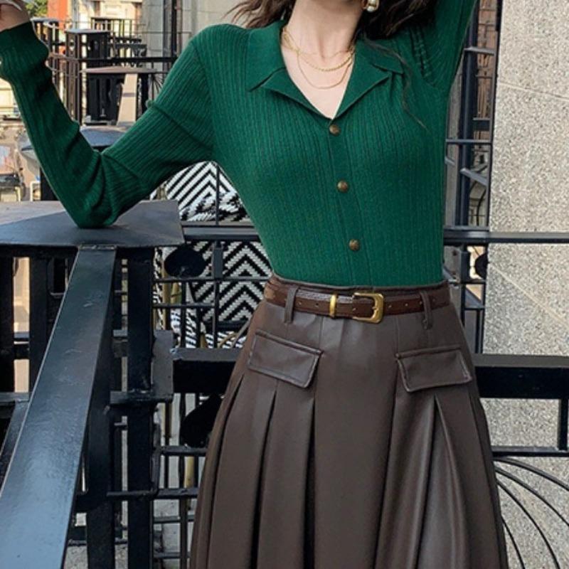 Estilo Hong Kong Otoño e Invierno Nuevo Estilo Retro Adelgazante Cuello de Solapa Suéter Top Delgado de Manga Larga para Mujer