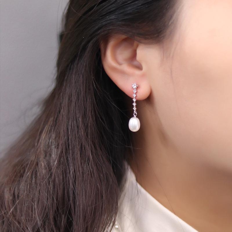 S925 Sterling Silver Pearl Earrings with Rhinestones - Elegant Hong Kong Style Luxury Earring Drops
