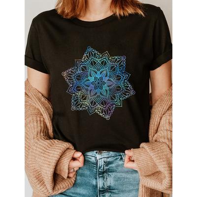 Watercolor Mandala Geometric Art Fashion Letter Print T-Shirt, Short-Sleeve Crew Neck Casual Top for Summer And Spring