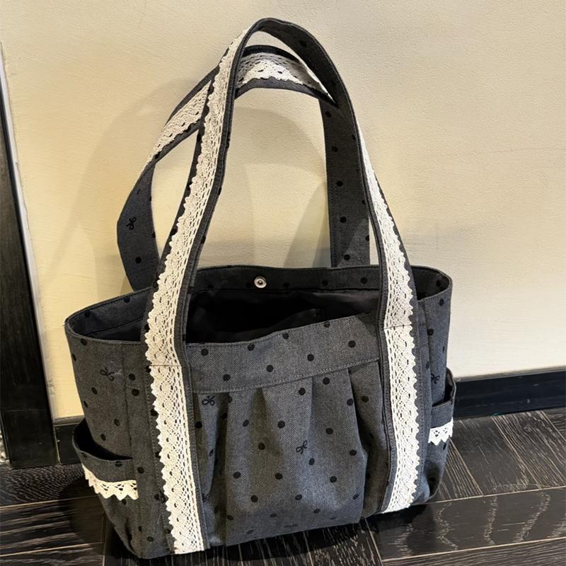 Polka Dot Lace Tote Bag Large Capacity Women's Shoulder Bag Student Commuter Handbag With Contrast Trim Lightweight Shopping Bag