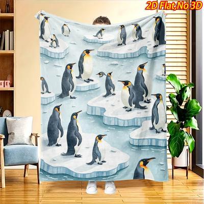 1pc 2D Flat Printing Spring And Summer New Arrival Penguin Group Theme Digital Print Blanket, All-Season Use, Casual Throw, 100% Polyester Fiber Soft 