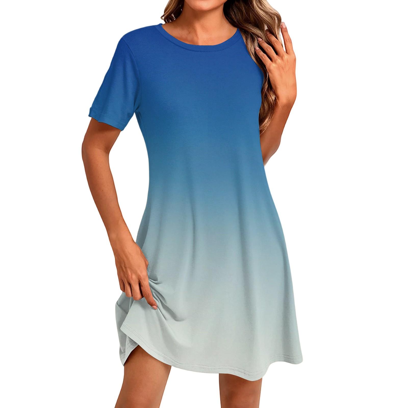 

Женское модное повседневное платье с круглым вырезом и коротким рукавом M синий