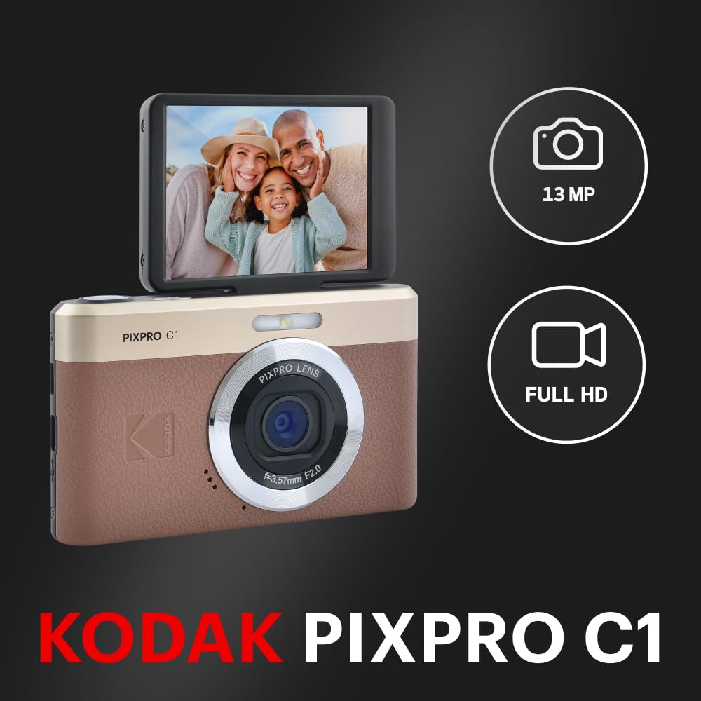 KODAK Pixpro C1 – Ultra-Compact Digital Camera | 13MP BSI CMOS, 4x Zoom, 2.8-inch LCD Screen, LED Flash – Marron