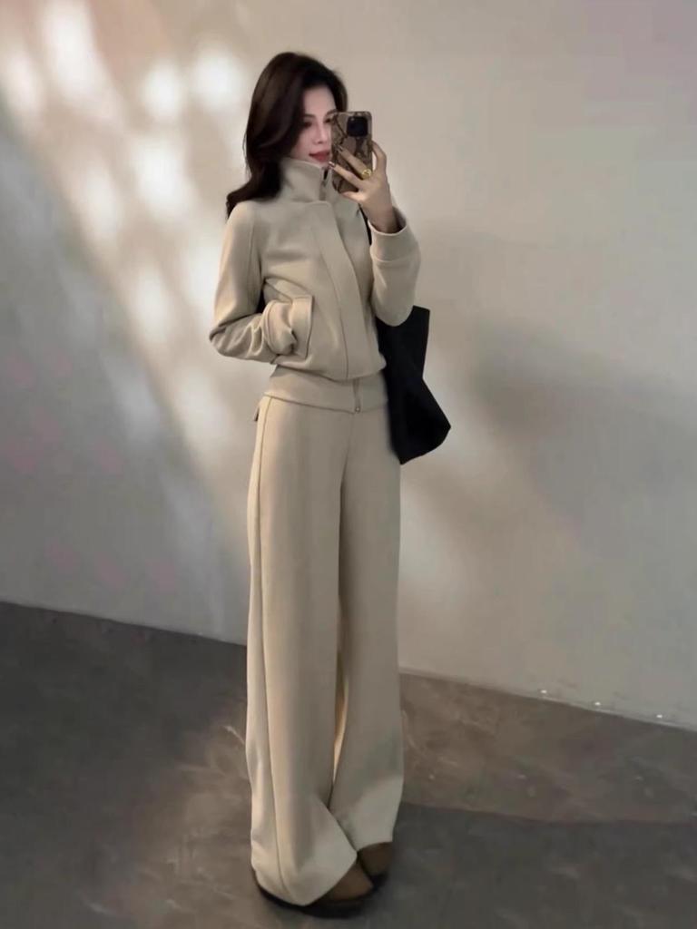 Women's Trendy Korean Style Casual Sports Suit: Plush Stand Collar Jacket & Wide-Leg Pants Two-Piece Set for Spring/Autumn 2026.