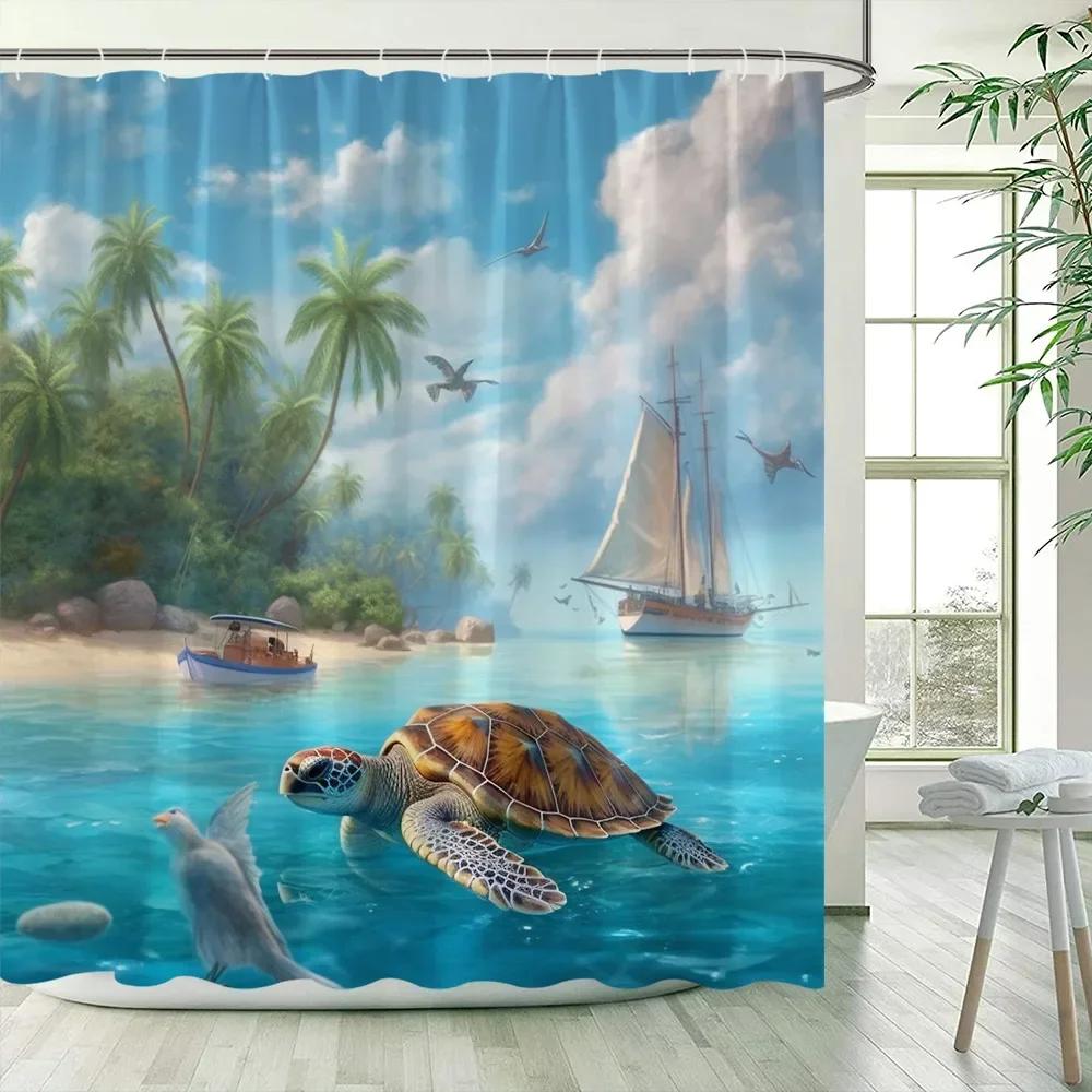 Ocean Sea Turtle Shower Curtains Island Coconut Trees Starfish Oil Painting Art Landscape Polyester Bathroom Curtain Decor .