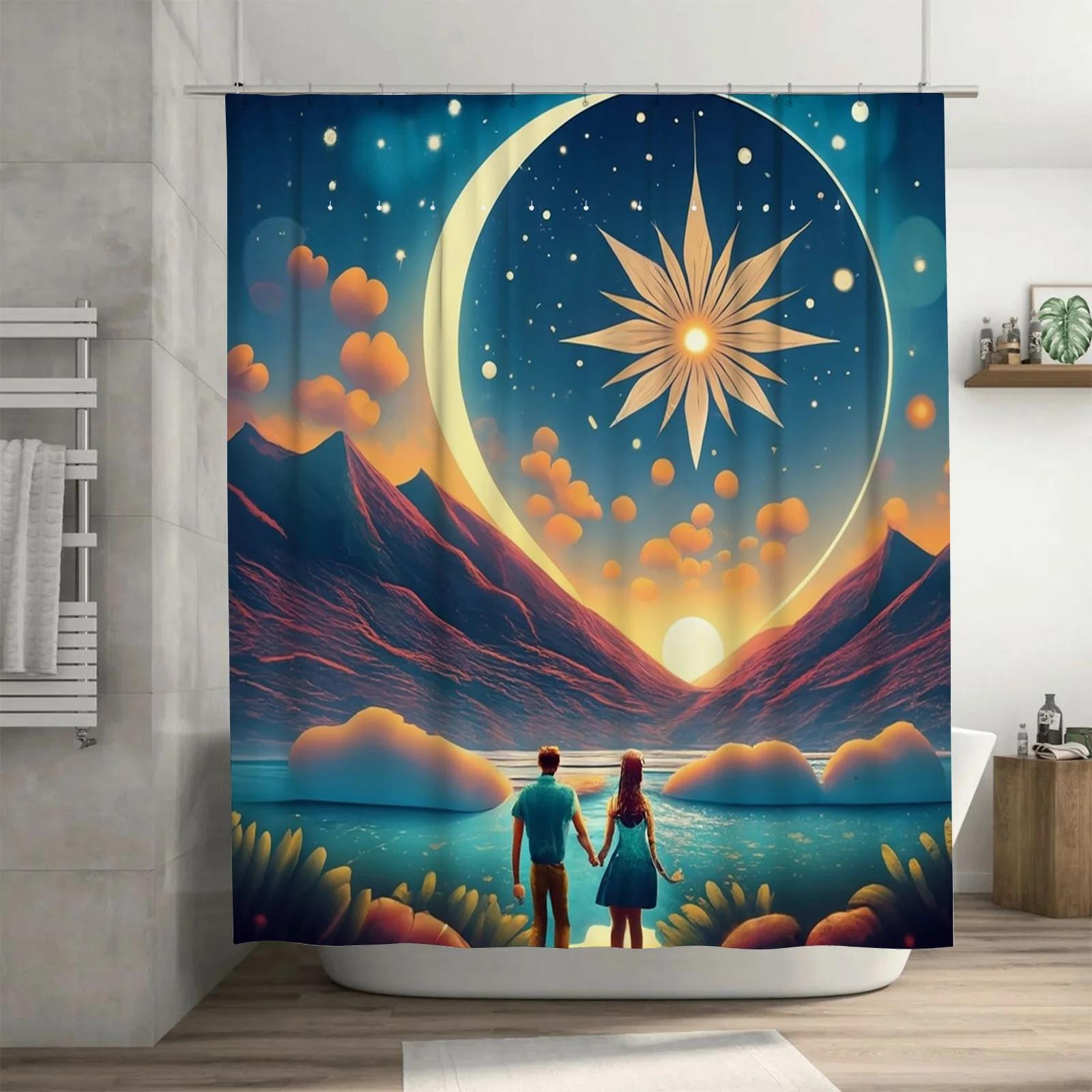 

Romantic Starry Night Shower Curtain - Couple Under the Moon & Stars, Waterproof & Mildew-Resistant for Bathroom Decor W90XH180cm